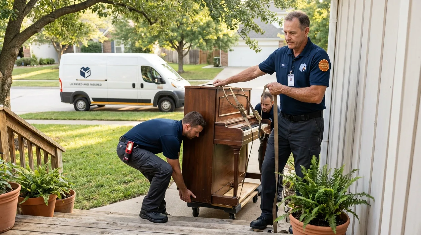 Licensed piano movers securing grand piano in Geneseo, NY