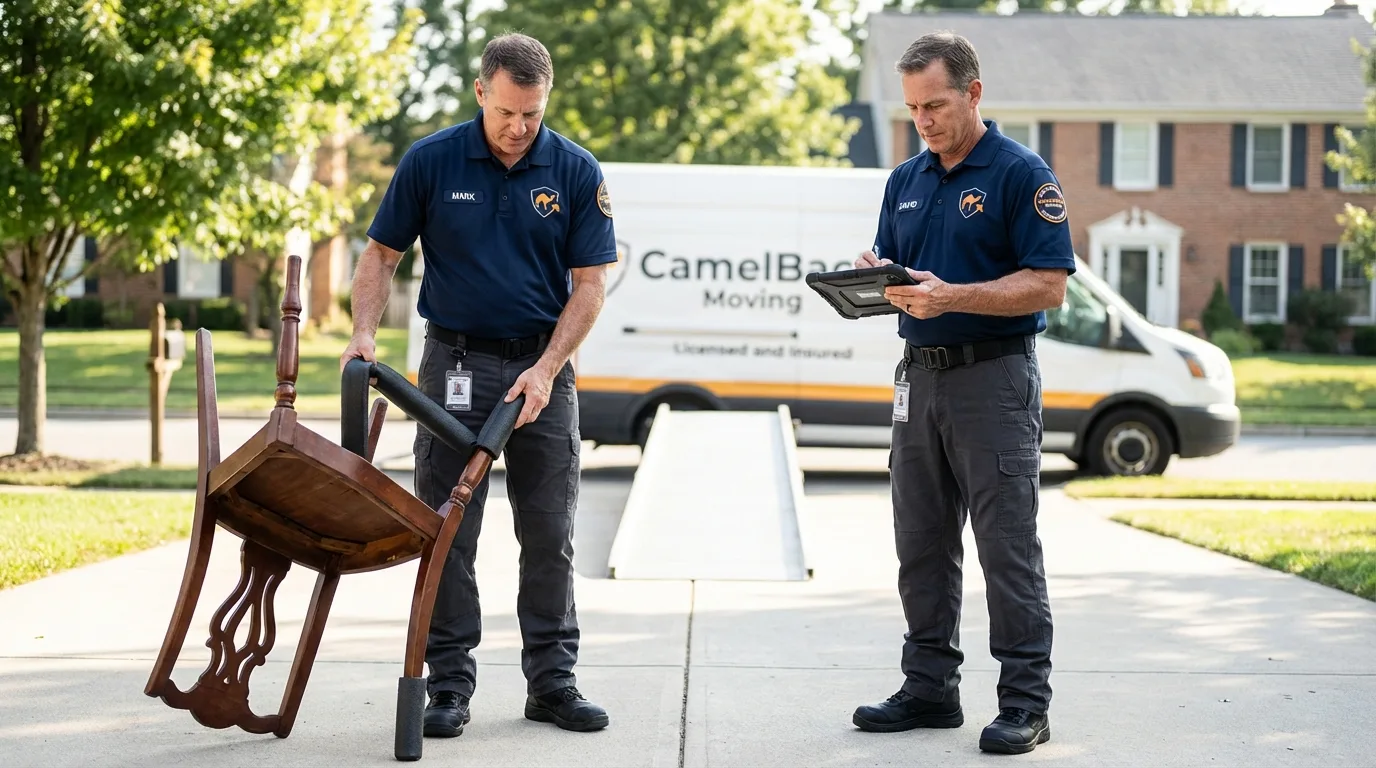 Movers inspecting furniture for damage prevention before loading in Geneseo, NY