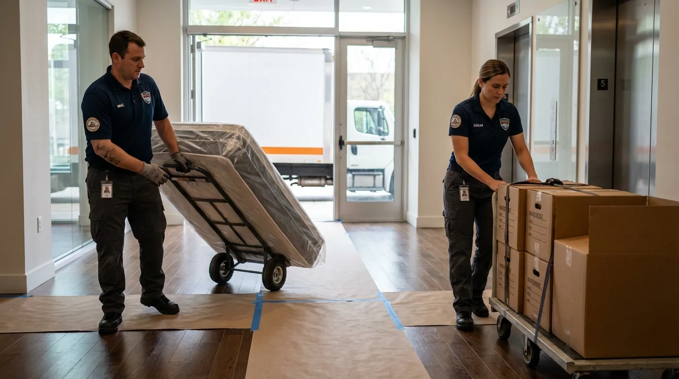 Professional apartment movers loading elevator in Geneseo, NY